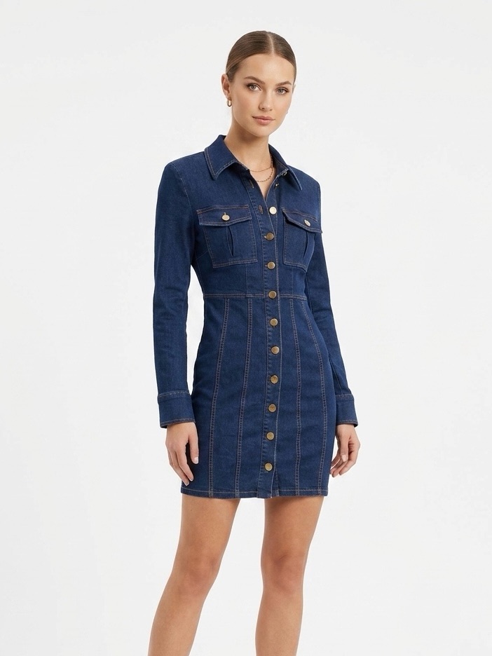 Fitted Dark Blue Long-Sleeve Denim Shirt Dress - S